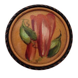 Vintage Carved Wood Painted Flower Round Pin Brooch E827
